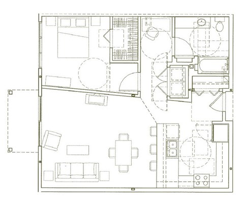 Floor plan for 1 bed, 1 bath, 891 sqft